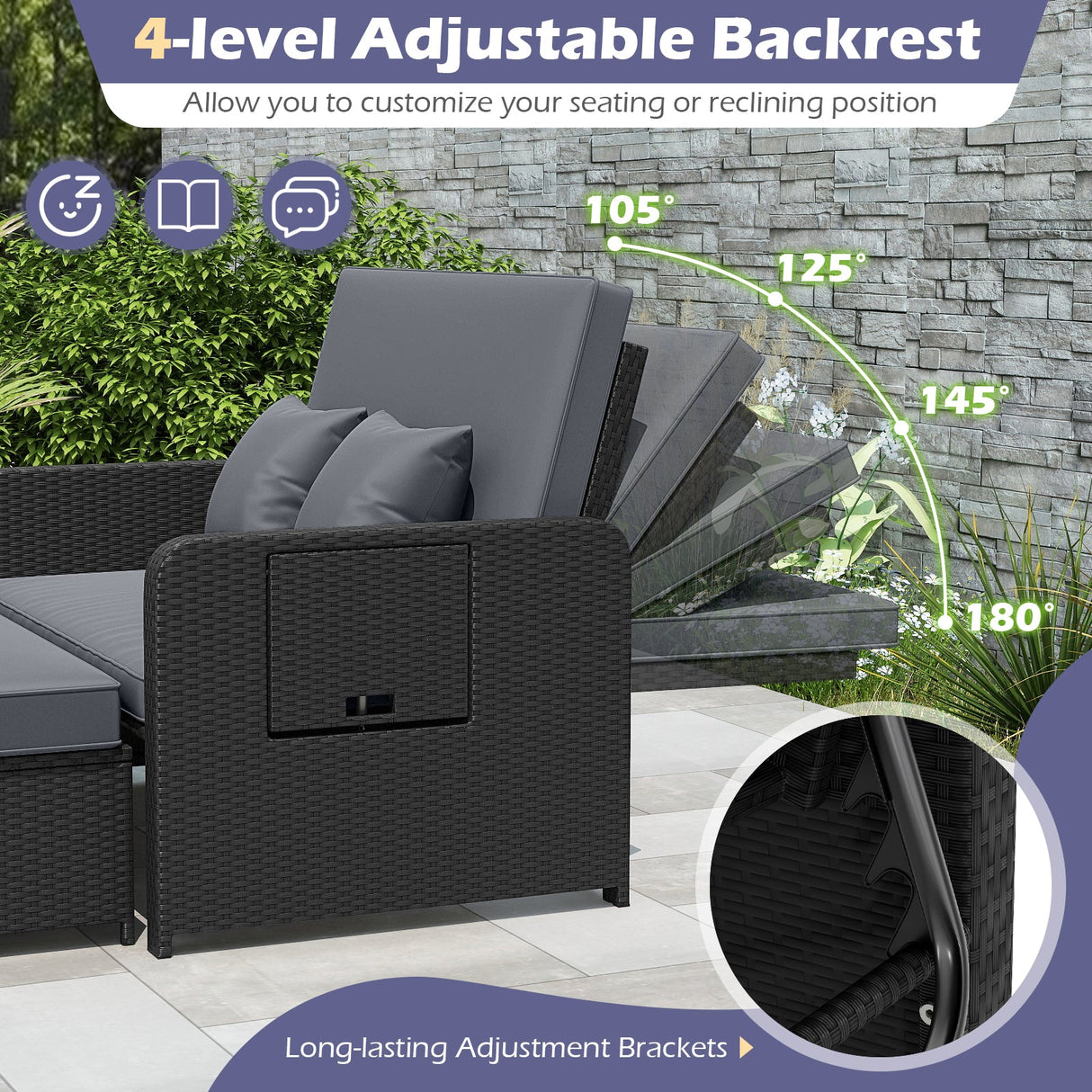 PE Wicker Outdoor Daybed with 4-Level Adjustable Backrest and Storage Ottoman