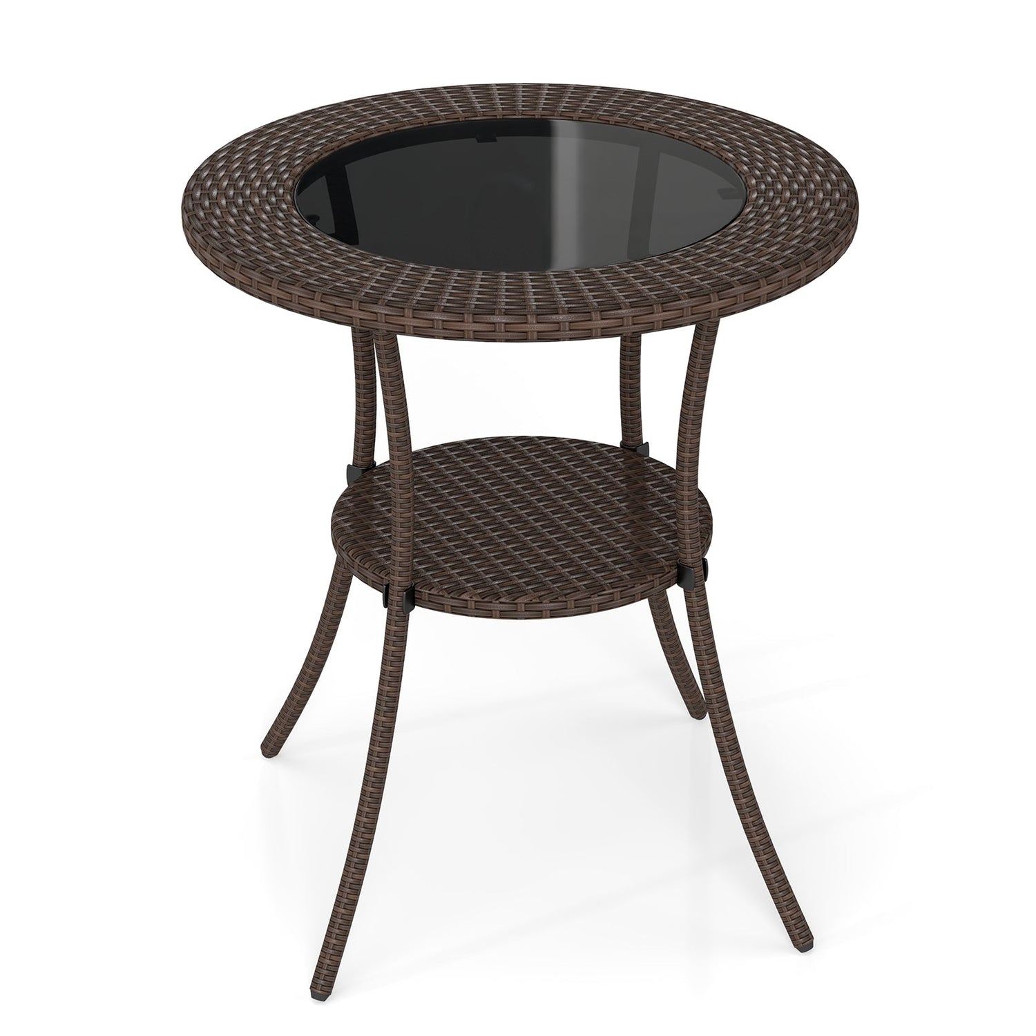 Mesa de Bistró Redonda de Patio con Mimbre PE, Tapa de Cristal Templado y Estante