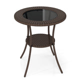 Mesa de Bistró Redonda de Patio con Mimbre PE, Tapa de Cristal Templado y Estante