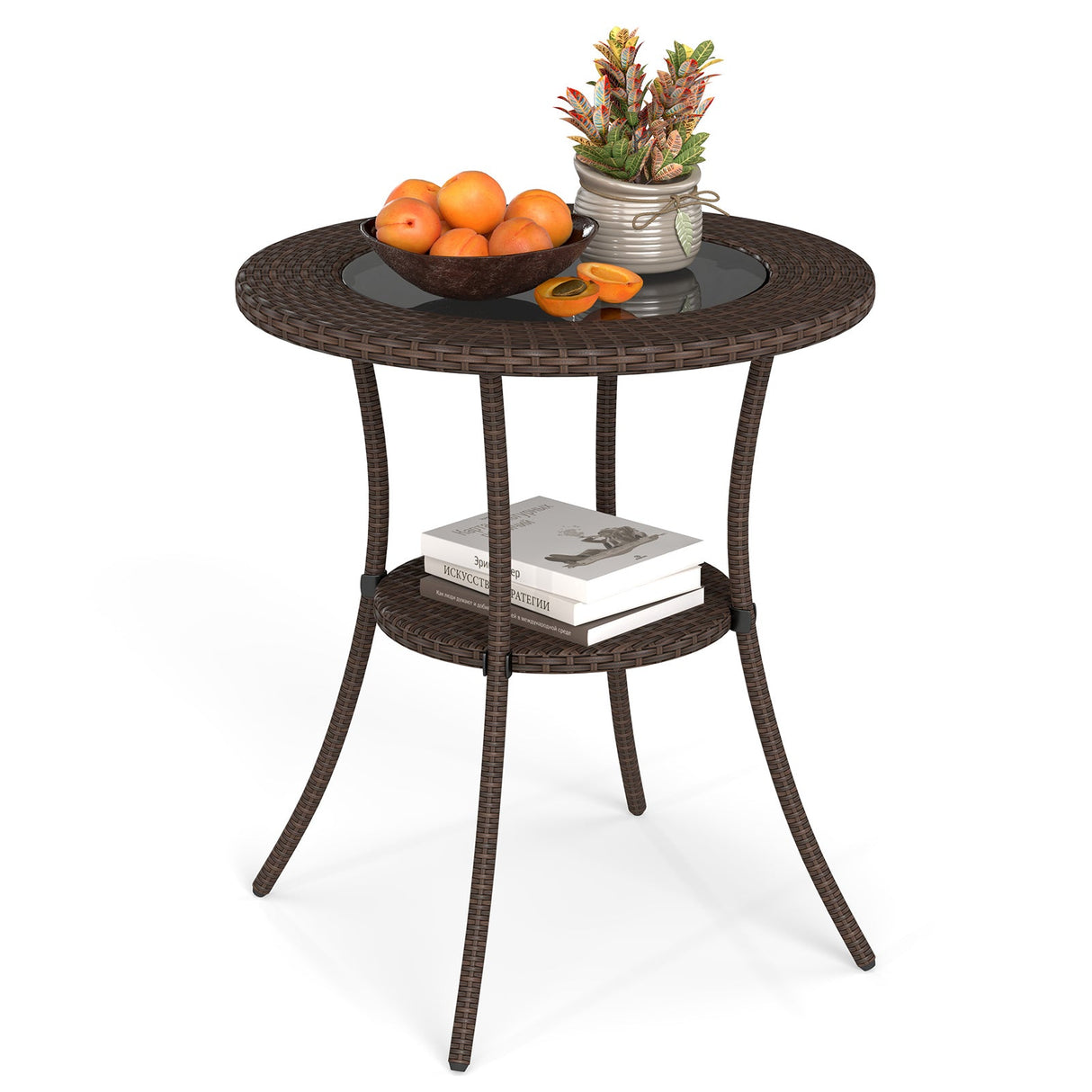 Mesa de Bistró Redonda de Patio con Mimbre PE, Tapa de Cristal Templado y Estante
