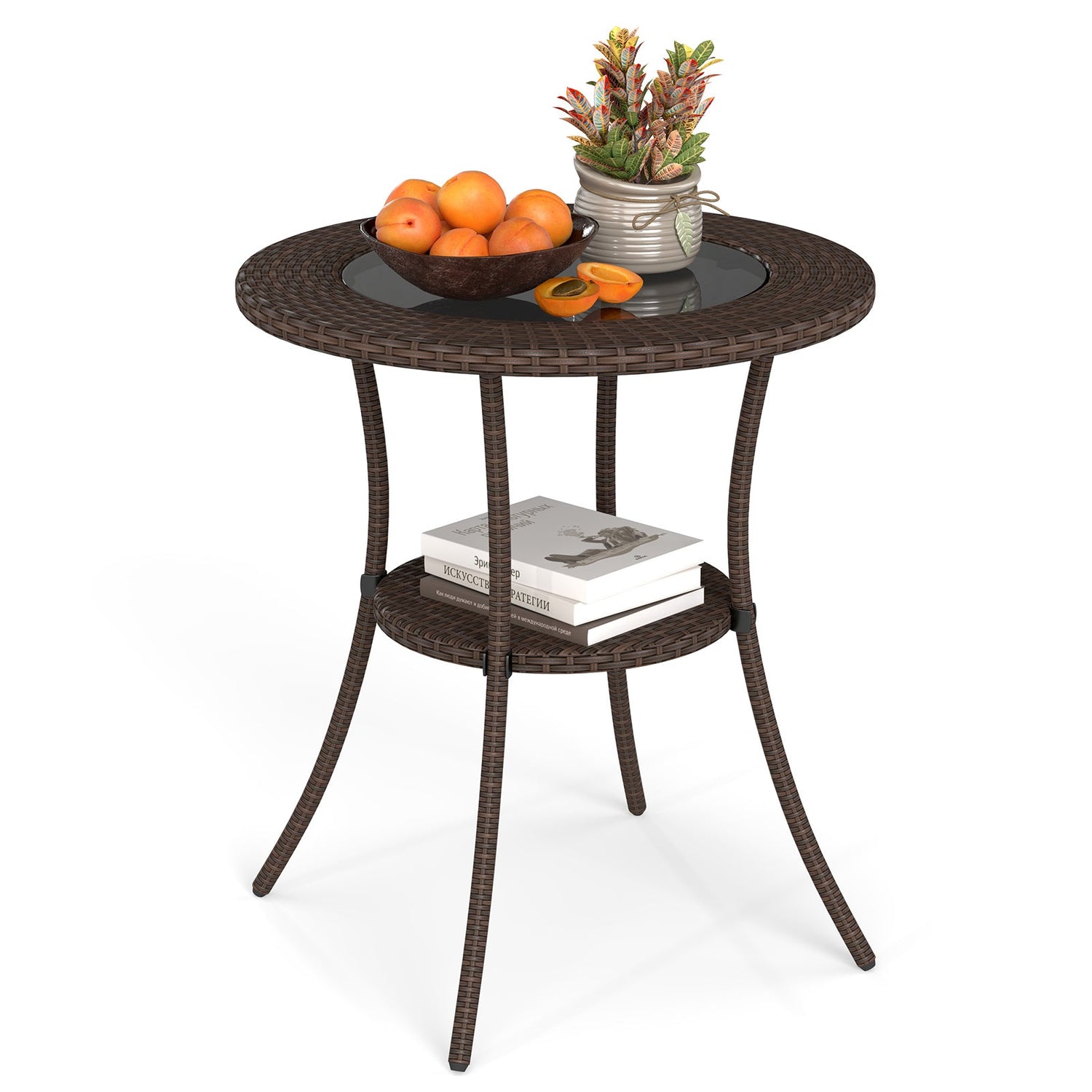 Mesa de Bistró Redonda de Patio con Mimbre PE, Tapa de Cristal Templado y Estante