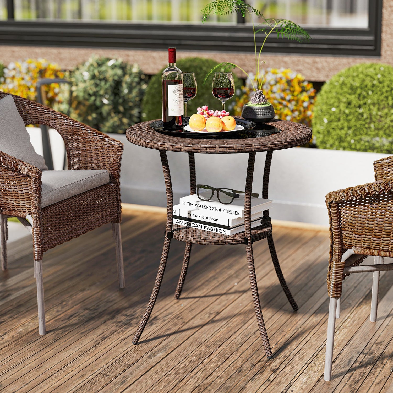 Mesa de Bistró Redonda de Patio con Mimbre PE, Tapa de Cristal Templado y Estante