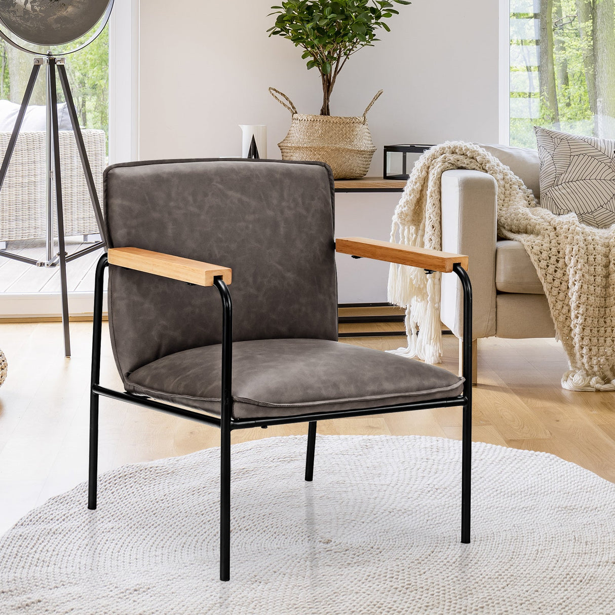 PU Leather Accent Chair with Rubber Wood Armrests