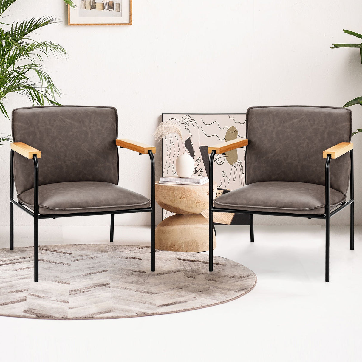 PU Leather Accent Chair with Rubber Wood Armrests