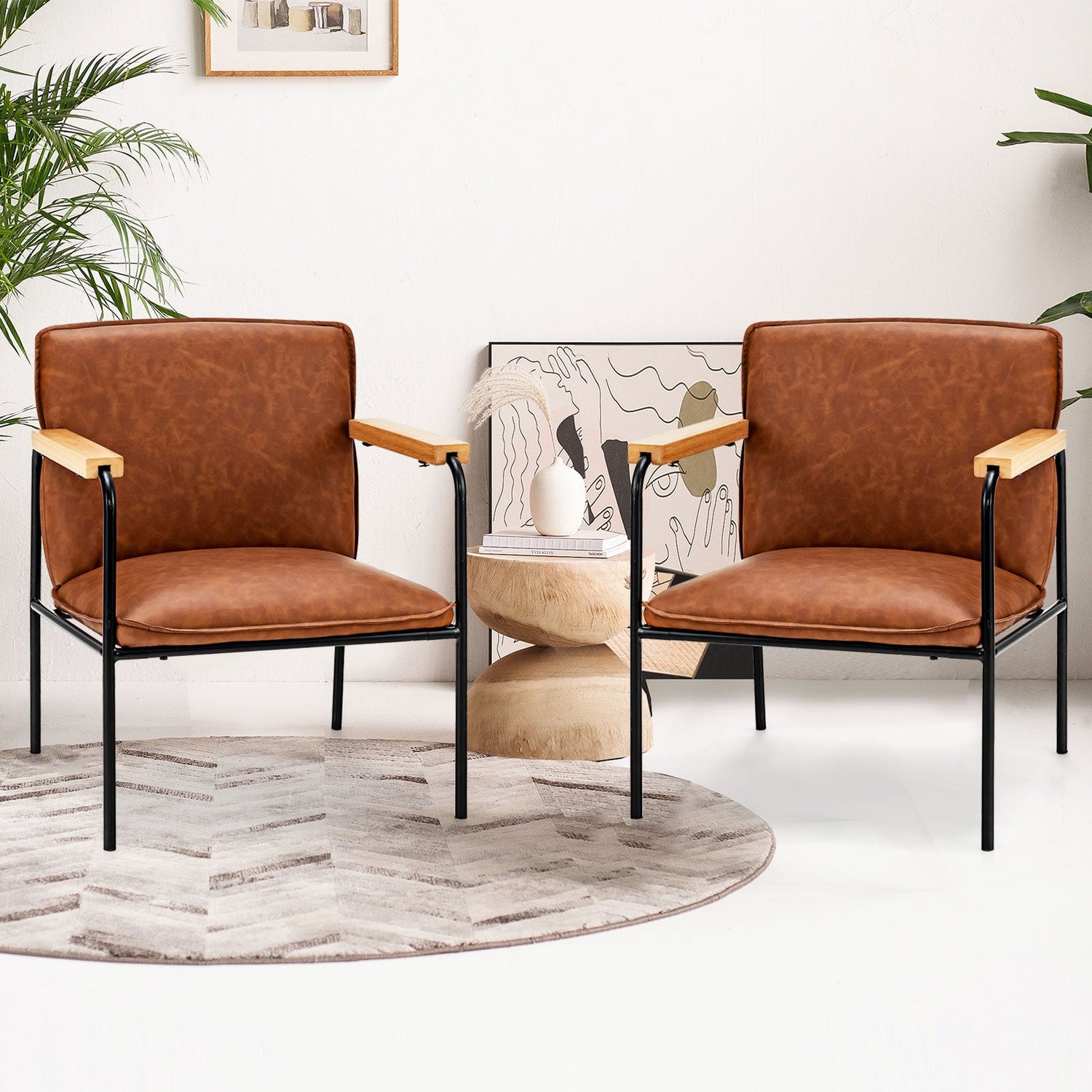 PU Leather Accent Chair with Rubber Wood Armrests
