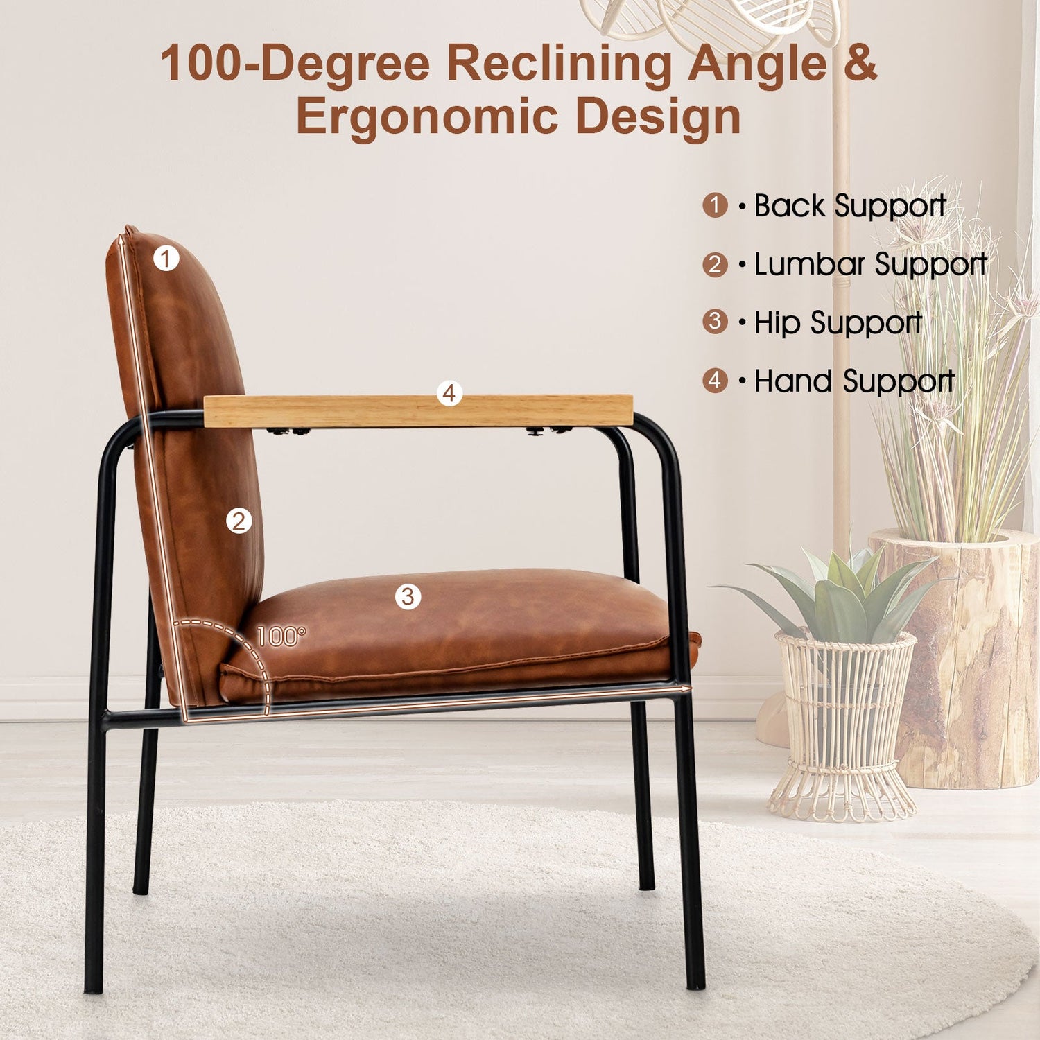 PU Leather Accent Chair with Rubber Wood Armrests