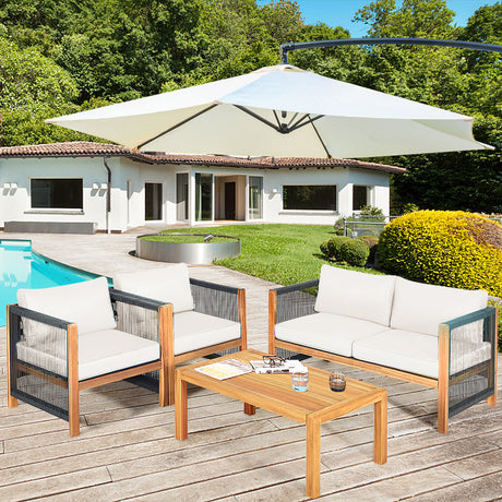 Juego de 4 Muebles de Patio Exterior de Madera con Cojines para Jardín