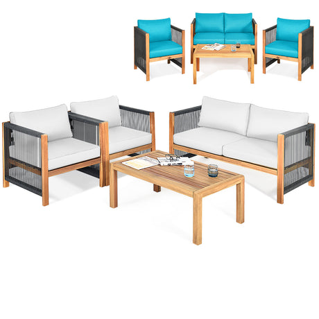 Juego de 4 Muebles de Patio Exterior de Madera con Cojines para Jardín
