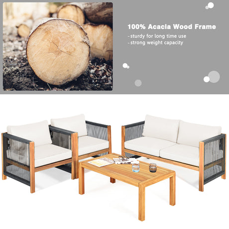 Juego de 4 Muebles de Patio Exterior de Madera con Cojines para Jardín