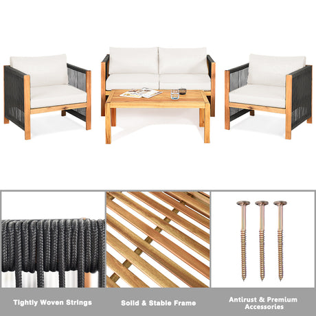 Juego de 4 Muebles de Patio Exterior de Madera con Cojines para Jardín