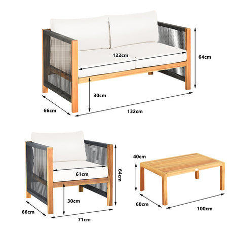 Juego de 4 Muebles de Patio Exterior de Madera con Cojines para Jardín