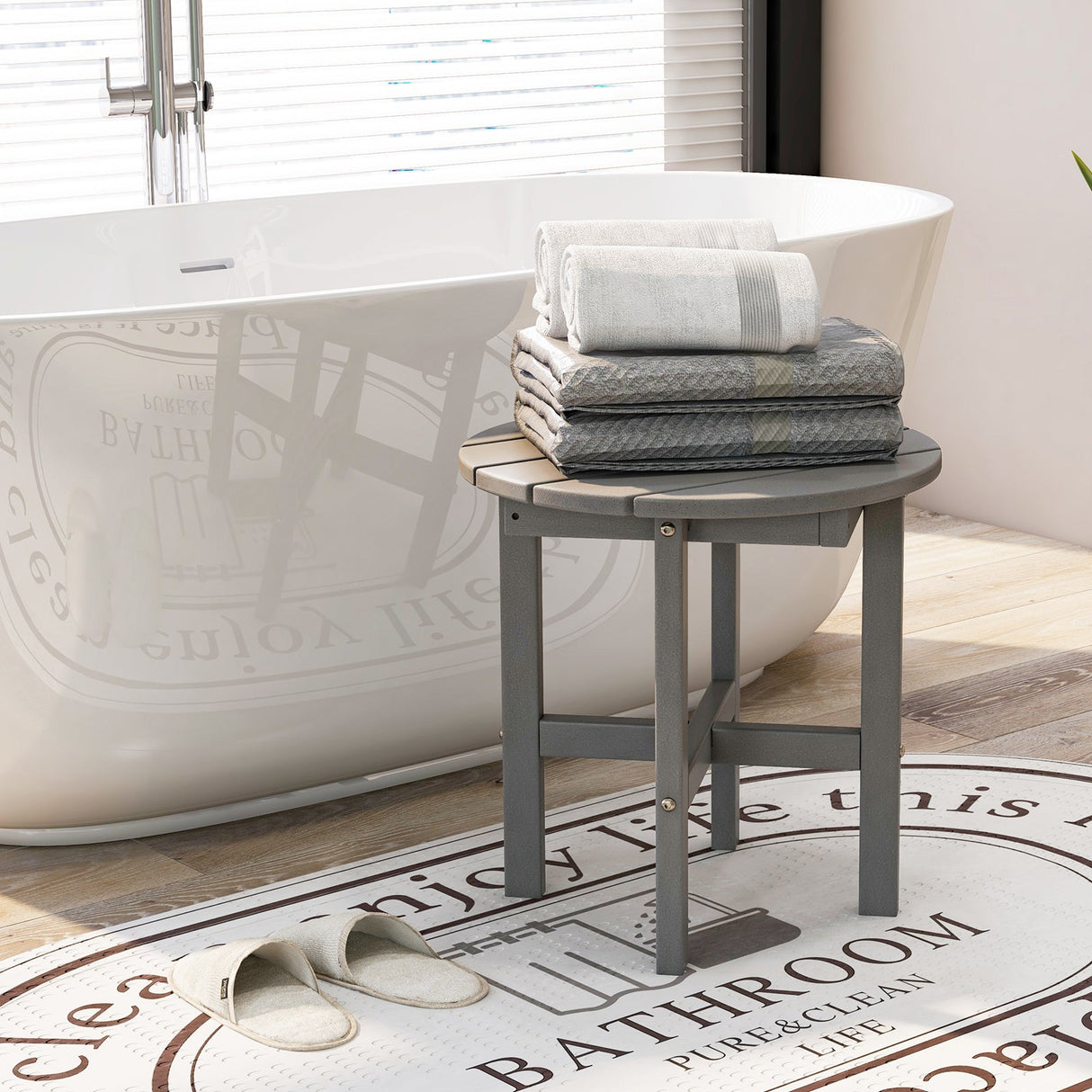Mesa auxiliar redonda Adirondack de 18 pulgadas con base cruzada y superficie de listones - Gris