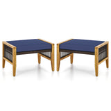 Patio Acacia Wood Ottomans with Cushions and Versatile Rattan Woven Footstools-Navy