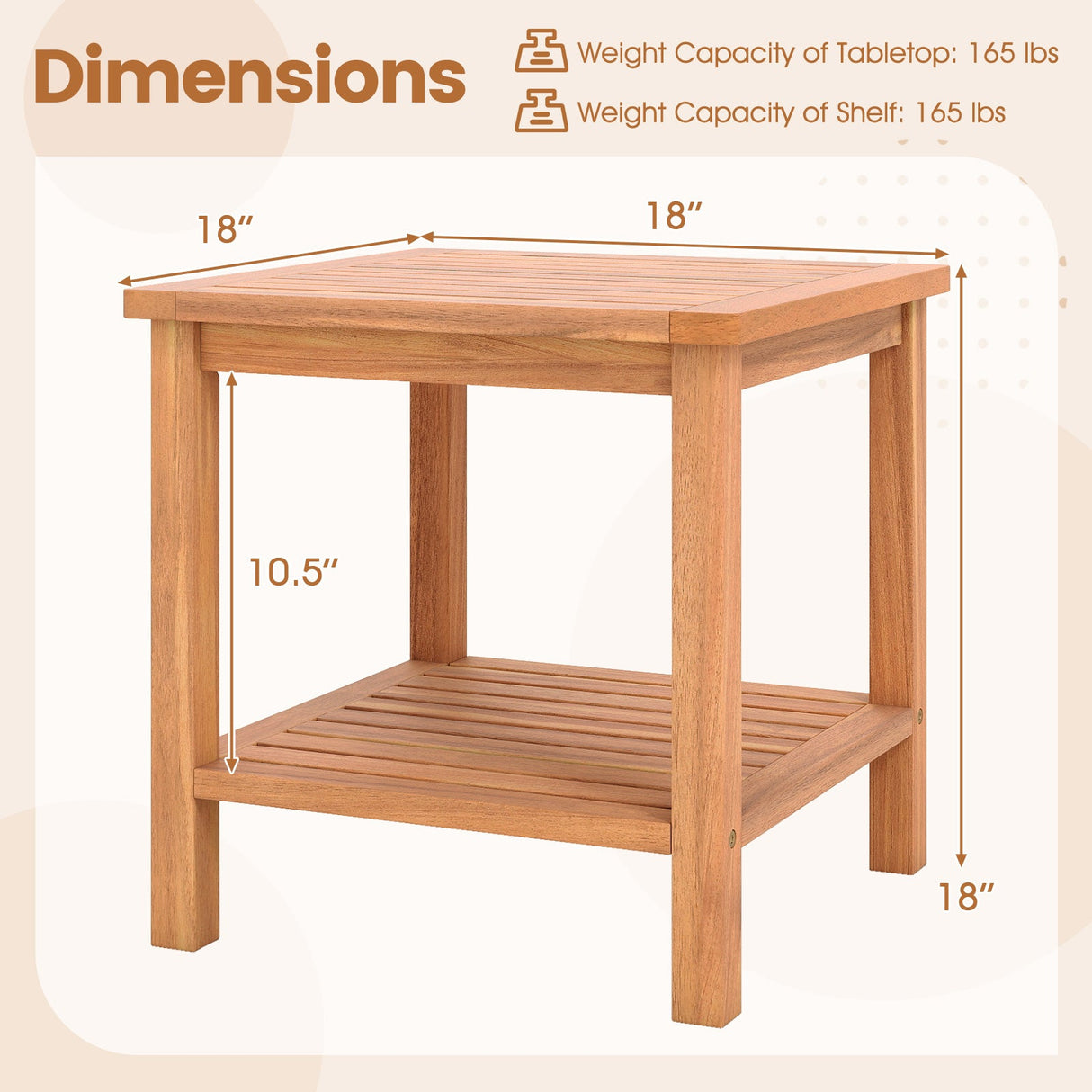 Mesa auxiliar de patio de madera de acacia con tablero de listones y estante de almacenamiento