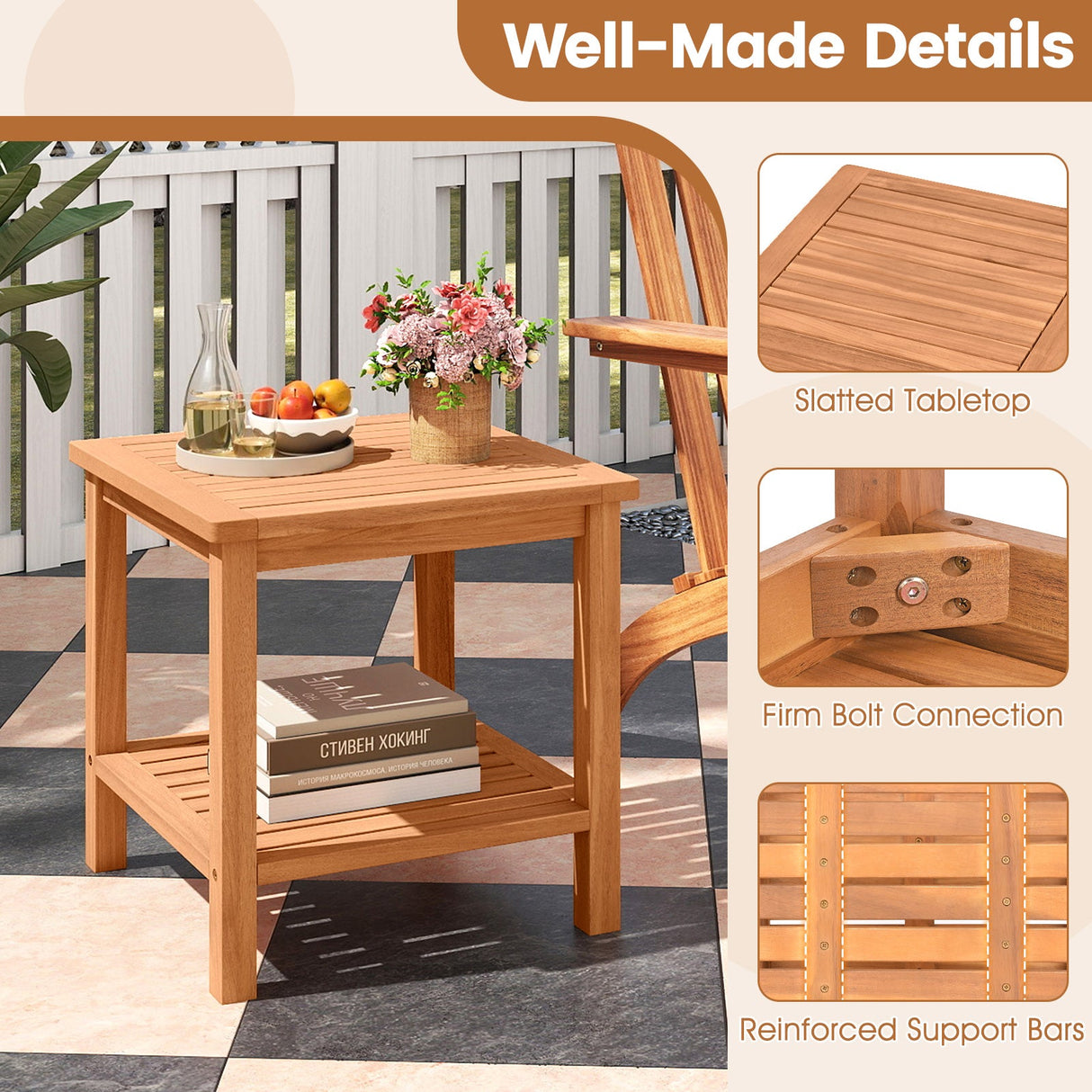 Mesa auxiliar de patio de madera de acacia con tablero de listones y estante de almacenamiento