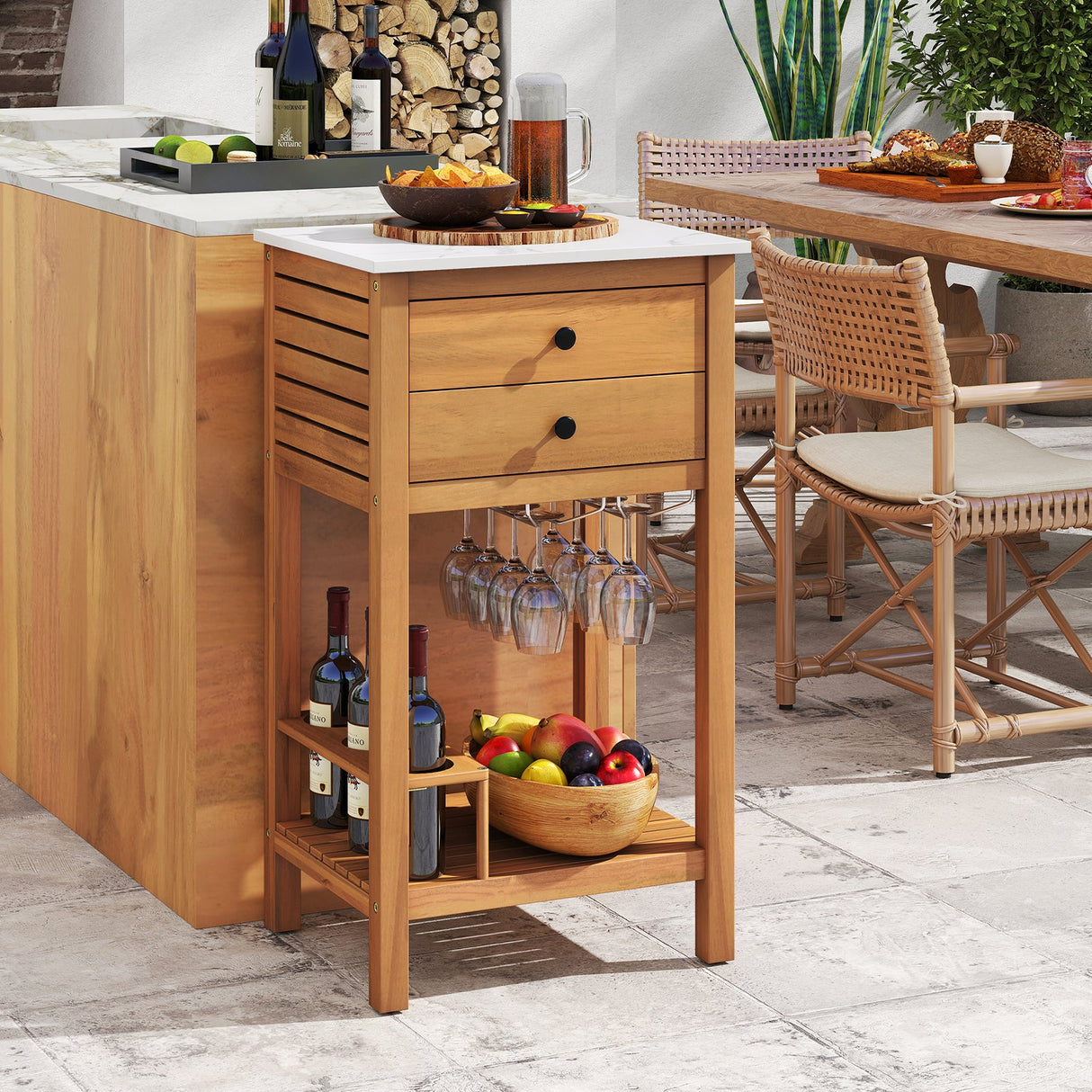 Mueble de almacenamiento de madera de acacia para patio, mueble buffet para patio, mesa de bar con encimera de imitación de mármol