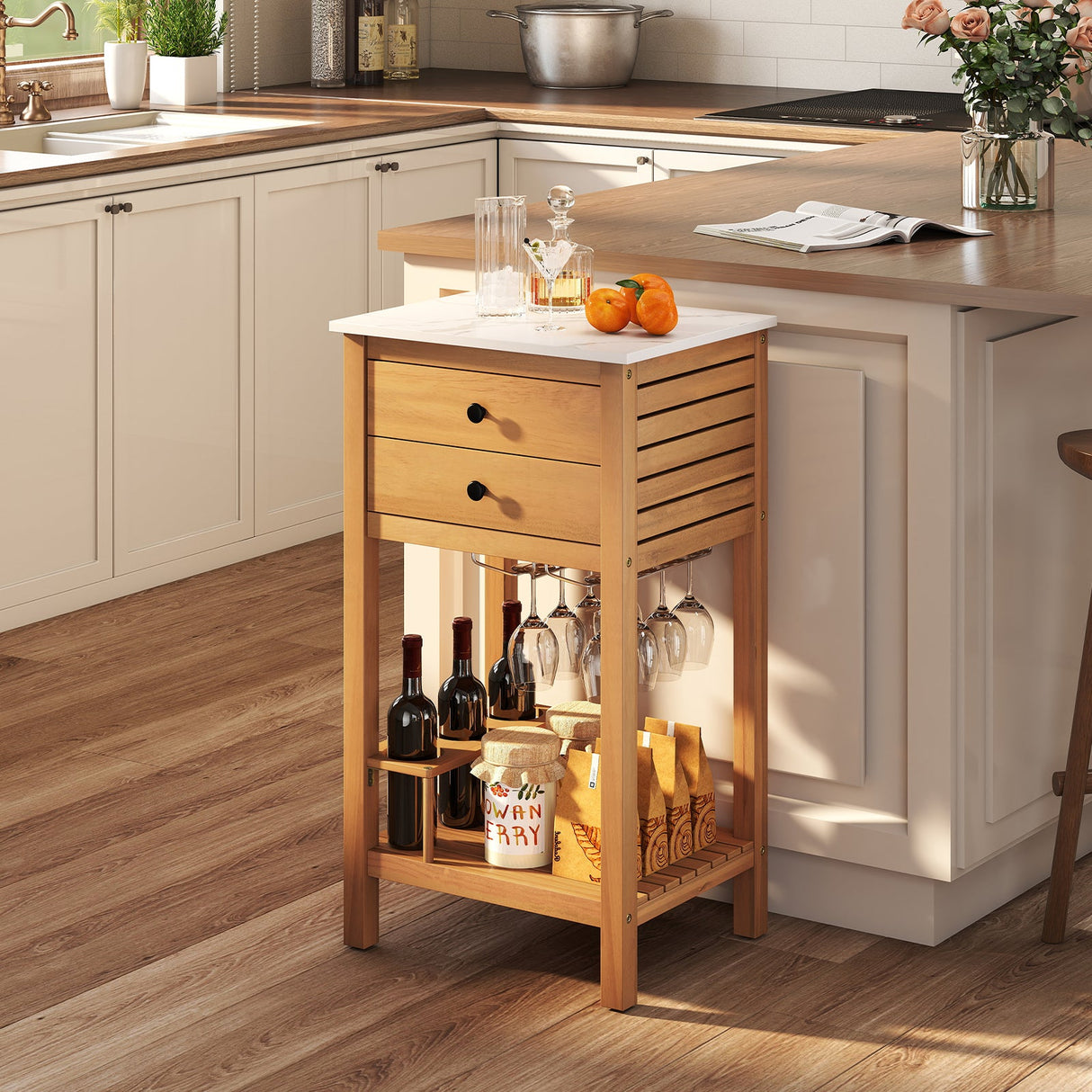 Mueble de almacenamiento de madera de acacia para patio, mueble buffet para patio, mesa de bar con encimera de imitación de mármol