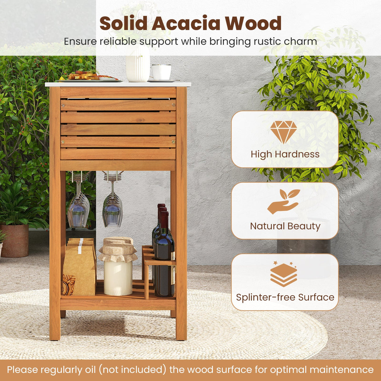 Mueble de almacenamiento de madera de acacia para patio, mueble buffet para patio, mesa de bar con encimera de imitación de mármol