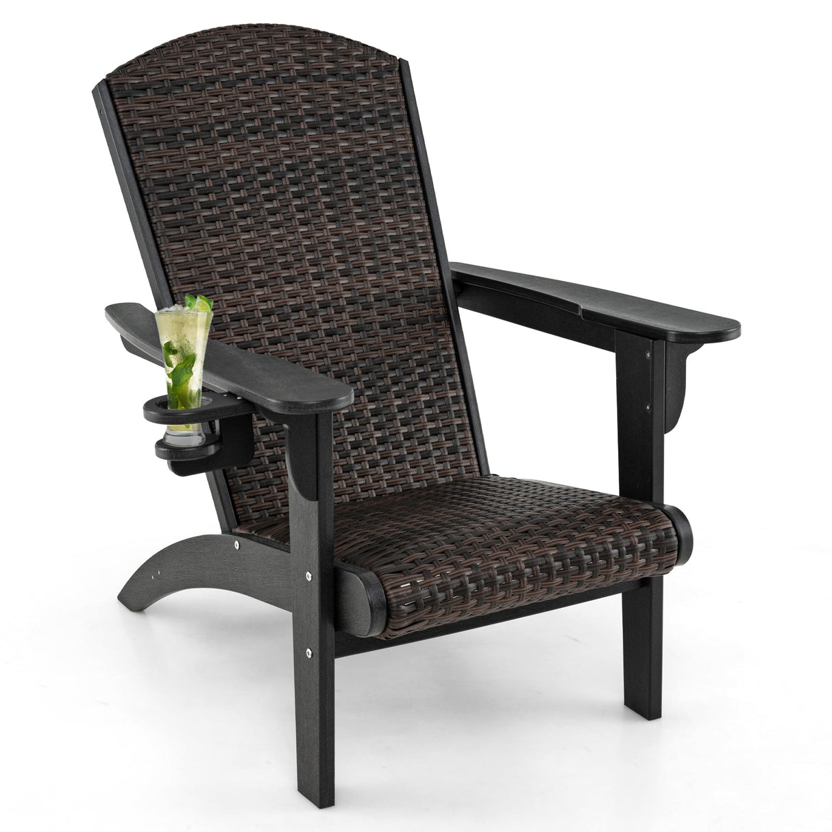 Sillón Adirondack para patio con asiento acolchado de ratán y portavasos oculto