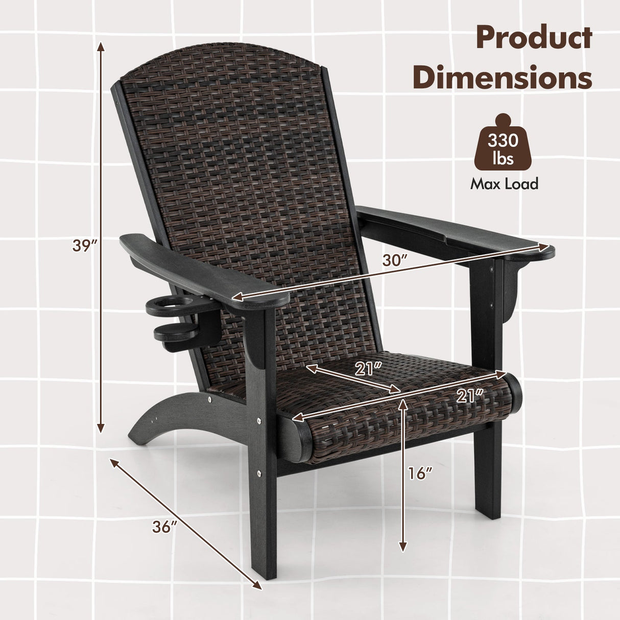 Sillón Adirondack para patio con asiento acolchado de ratán y portavasos oculto
