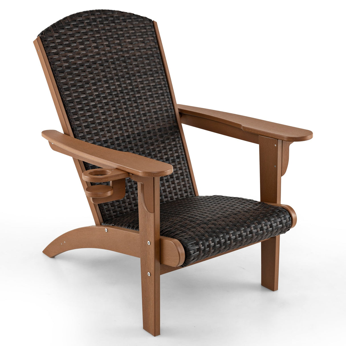 Sillón Adirondack para patio con asiento acolchado de ratán y portavasos oculto