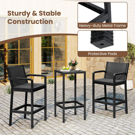 Juego de barra para patio de 3 piezas con 2 taburetes y 1 mesa de barra - Negro