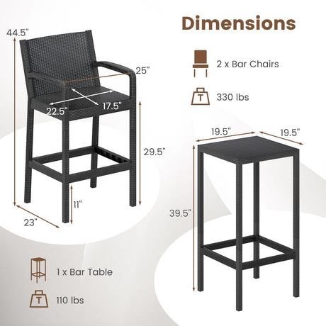 Juego de barra para patio de 3 piezas con 2 taburetes y 1 mesa de barra - Negro