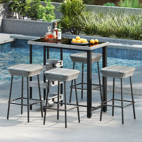 Taburetes de bar de patio de 29.5 pulgadas (juego de 2) con asiento de ratán y reposapiés