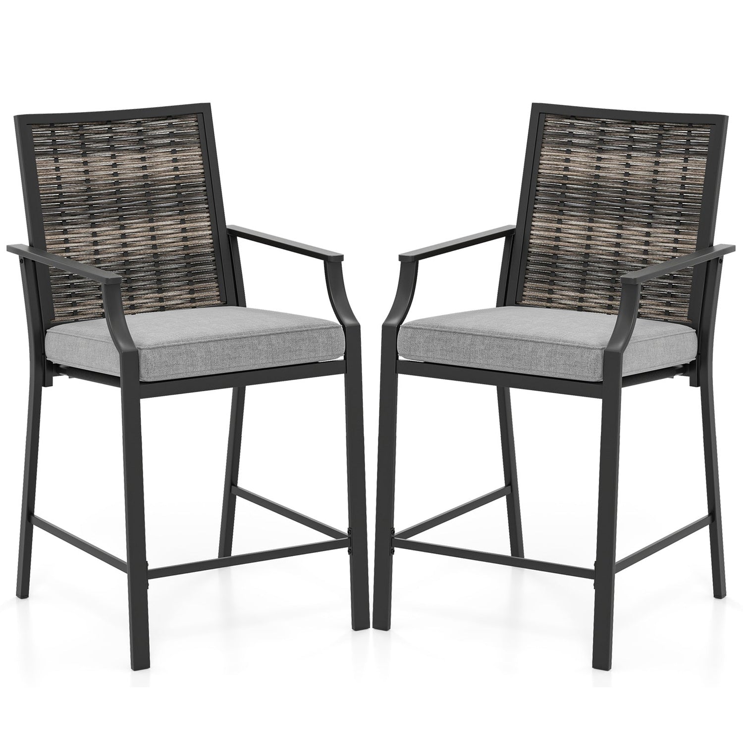 Patio Bar Stools Set of 2 Counter Height Rattan Bar Chairs with Armrest-Grey