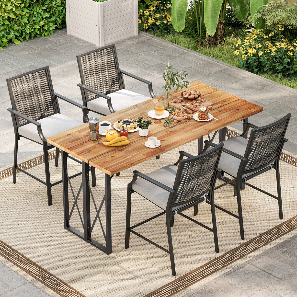 Patio Bar Stools Set of 2 Counter Height Rattan Bar Chairs with Armrest-Grey