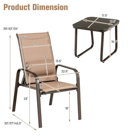 Juego de muebles de bistró para patio de 3 piezas con respaldo ajustable