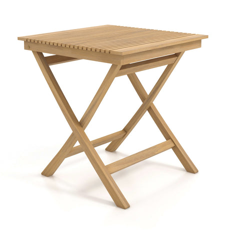Mesa de bistró de teca indonesia de 27,5 pulgadas con tablero de listones y estructura de madera resistente