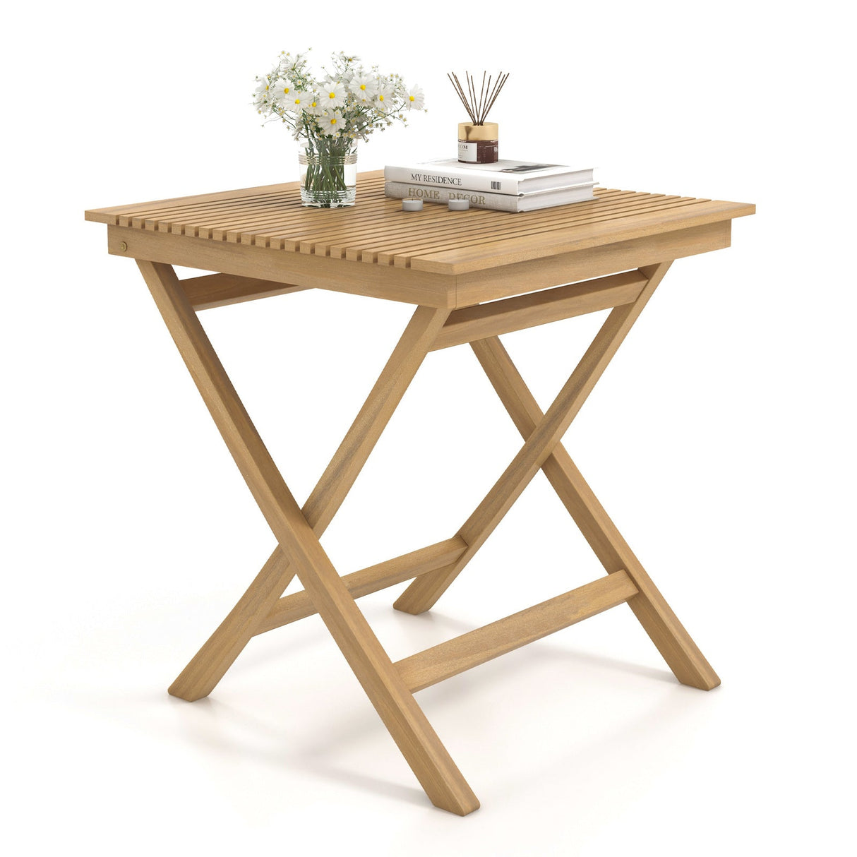 Mesa de bistró de teca indonesia de 27,5 pulgadas con tablero de listones y estructura de madera resistente