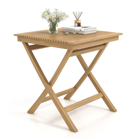 Mesa de bistró de teca indonesia de 27,5 pulgadas con tablero de listones y estructura de madera resistente