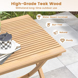 Mesa de bistró de teca indonesia de 27,5 pulgadas con tablero de listones y estructura de madera resistente