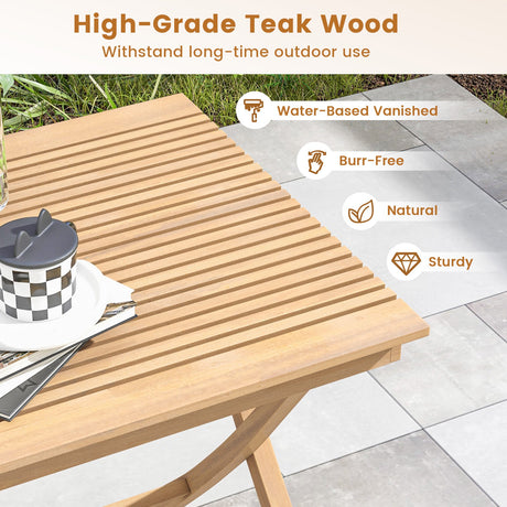 Mesa de bistró de teca indonesia de 27,5 pulgadas con tablero de listones y estructura de madera resistente