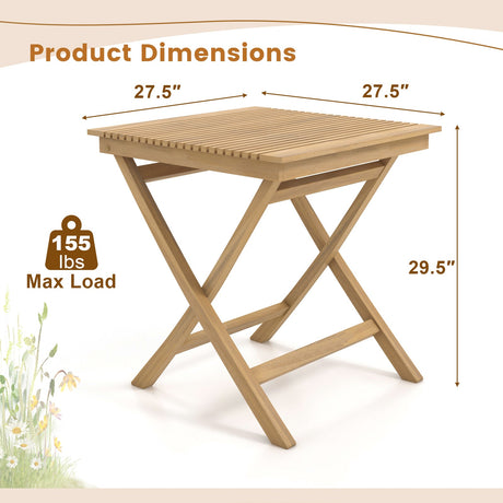 Mesa de bistró de teca indonesia de 27,5 pulgadas con tablero de listones y estructura de madera resistente