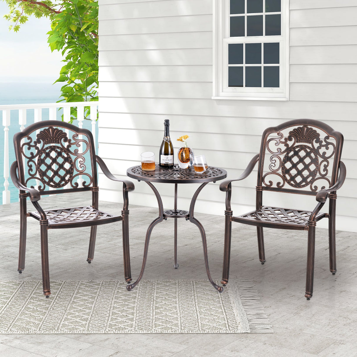 Juego de 2 sillas de comedor de patio de aluminio fundido, sillones de metal apilables - Cobre