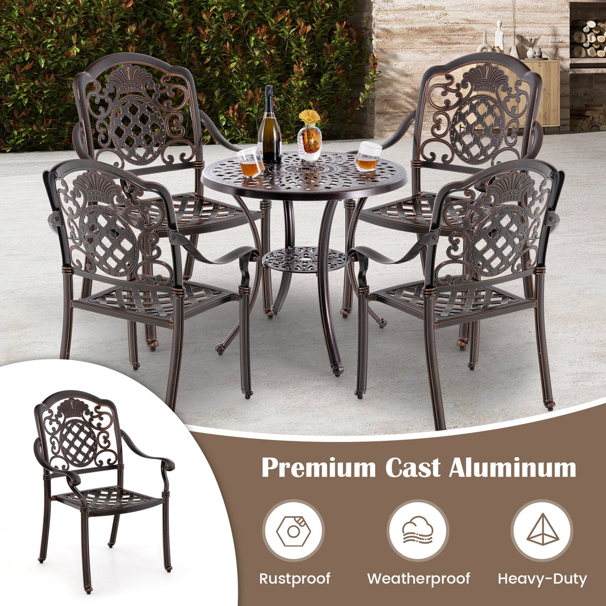 Juego de 2 sillas de comedor de patio de aluminio fundido, sillones de metal apilables - Cobre