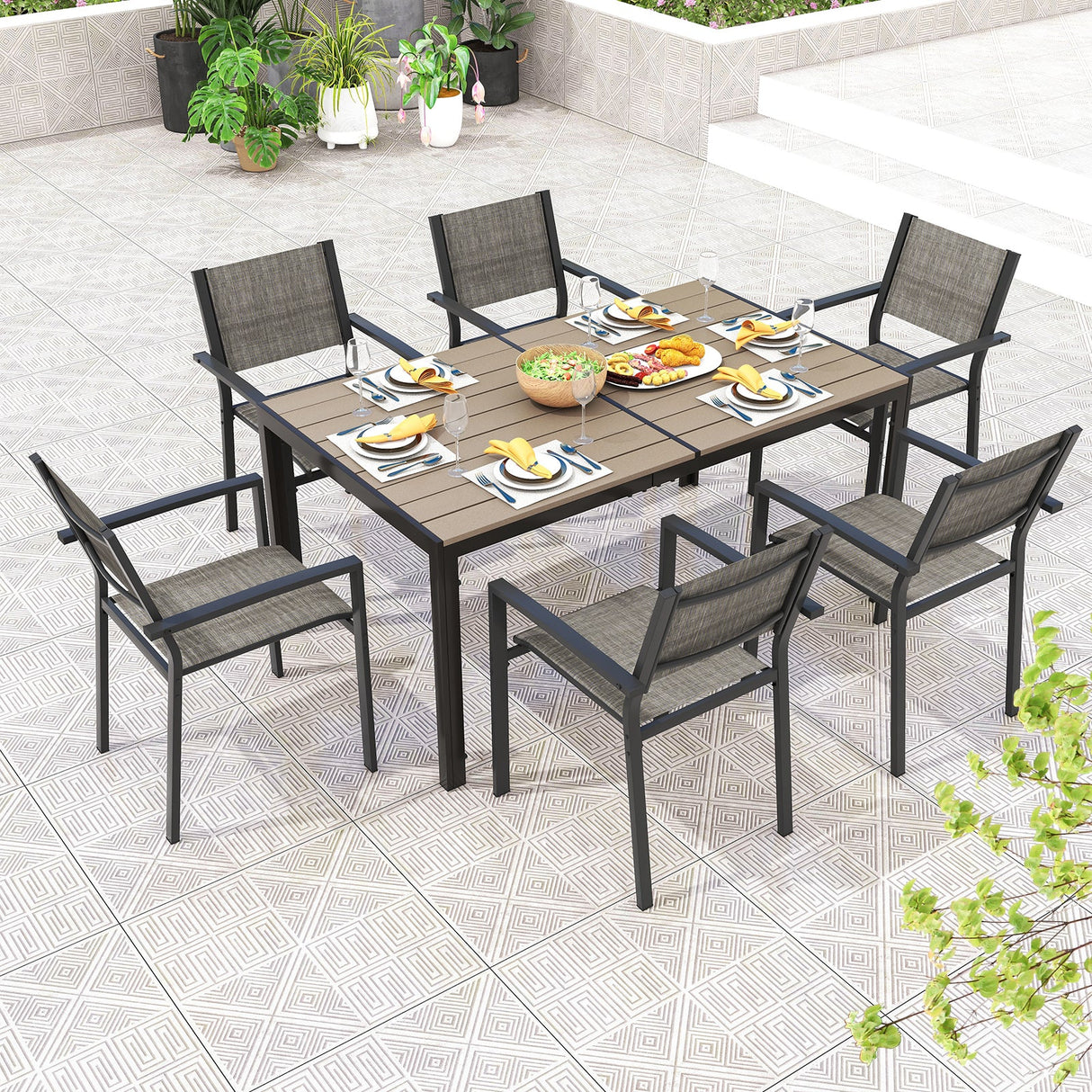 Juego de 6 sillas de patio apilables con asiento de tela transpirable