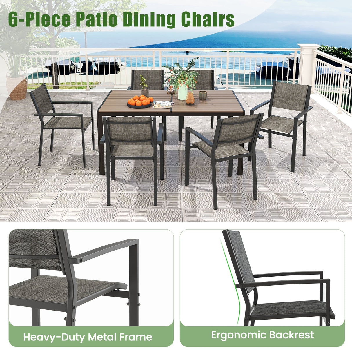 Juego de 6 sillas de patio apilables con asiento de tela transpirable