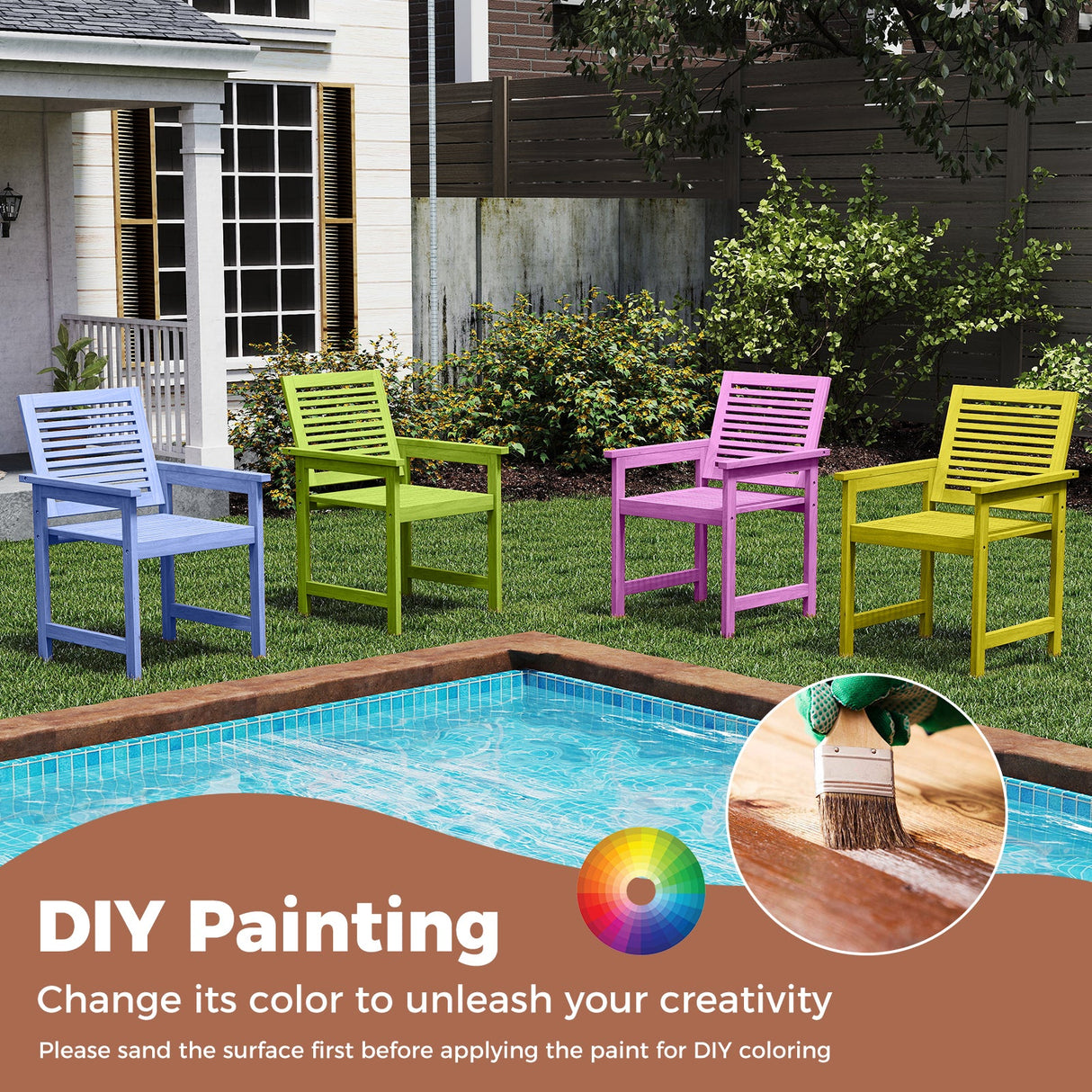 Patio Chairs Set of 2 with Inclined Backrests and Slatted Seats