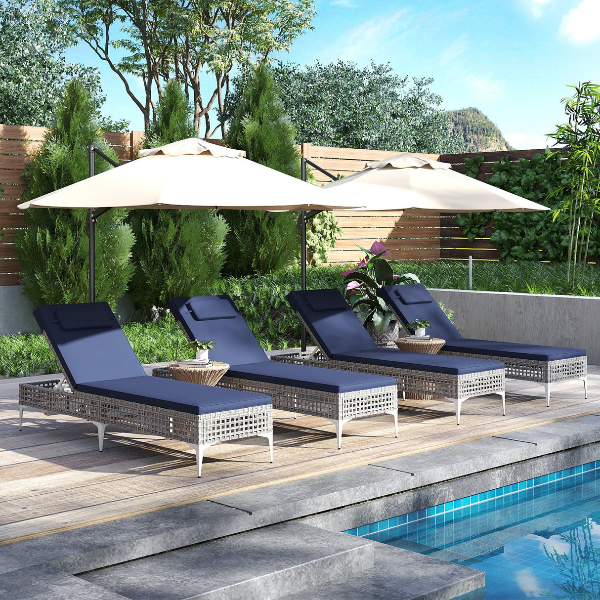 Tumbona doble de patio con respaldo y reposacabezas ajustables en 6 niveles para piscina - Azul marino