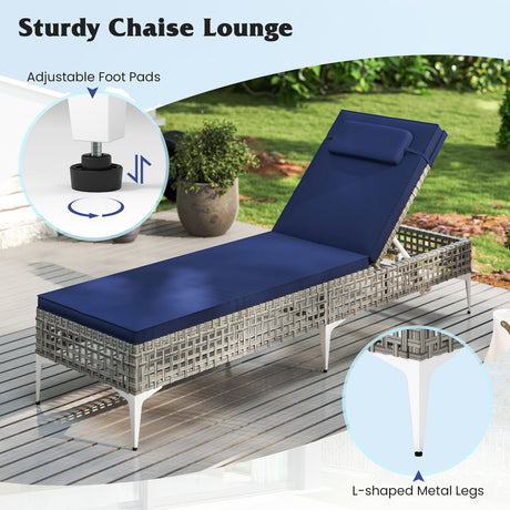 Tumbona doble de patio con respaldo y reposacabezas ajustables en 6 niveles para piscina - Azul marino