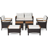 Juego de sofá de patio de ratán de 7 piezas con tablero de mesa y apoyabrazos de madera de acacia