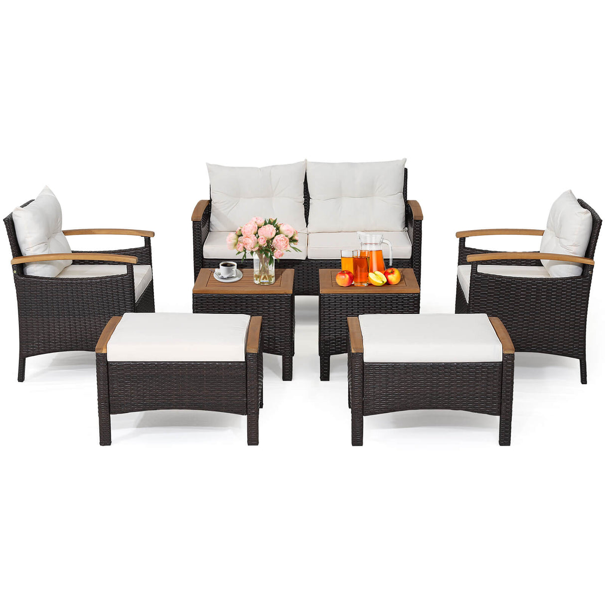 Juego de sofá de patio de ratán de 7 piezas con tablero de mesa y apoyabrazos de madera de acacia