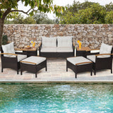 Juego de sofá de patio de ratán de 7 piezas con tablero de mesa y apoyabrazos de madera de acacia