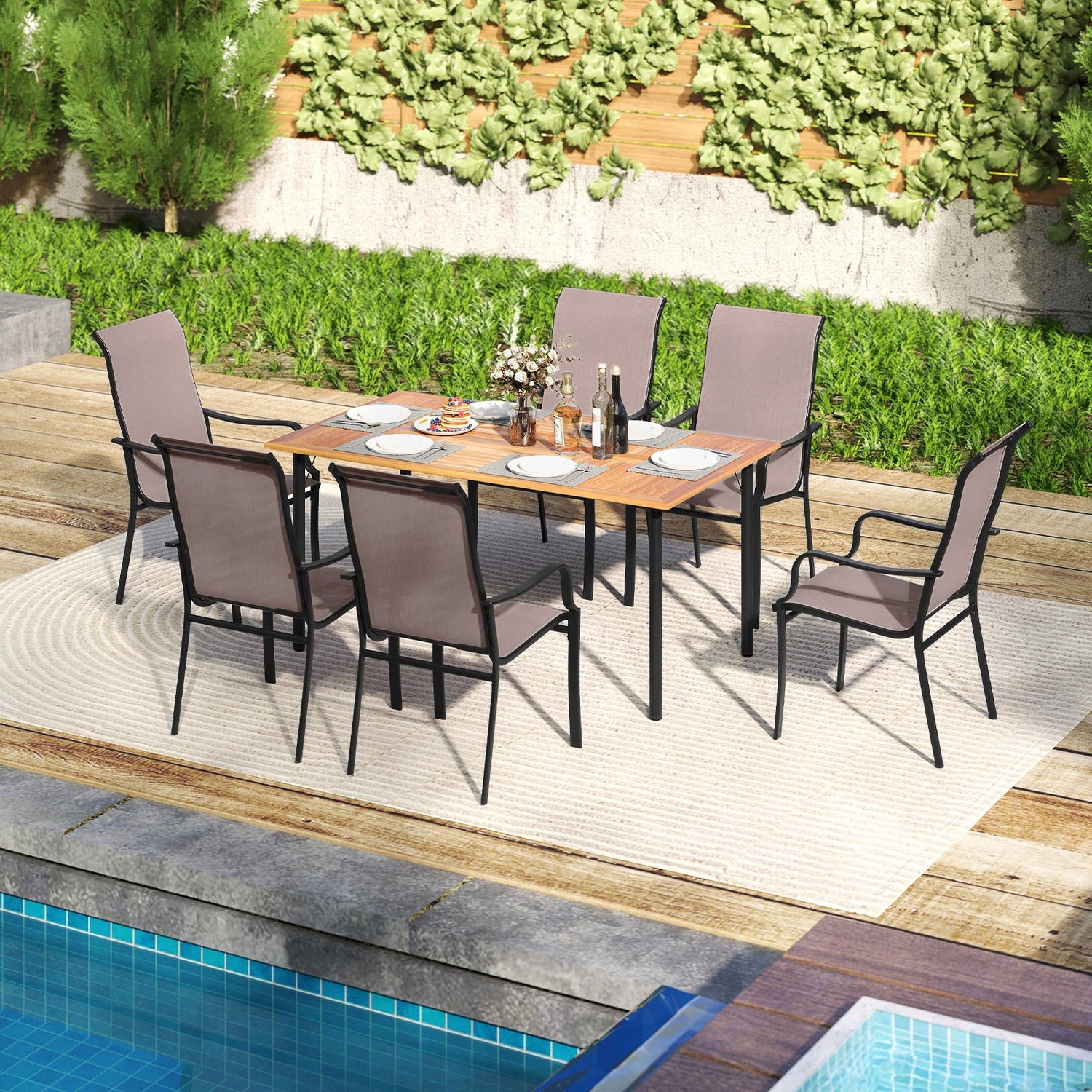 Juego de 2 sillas de comedor para patio con asiento ancho y estructura de metal resistente - Marrón