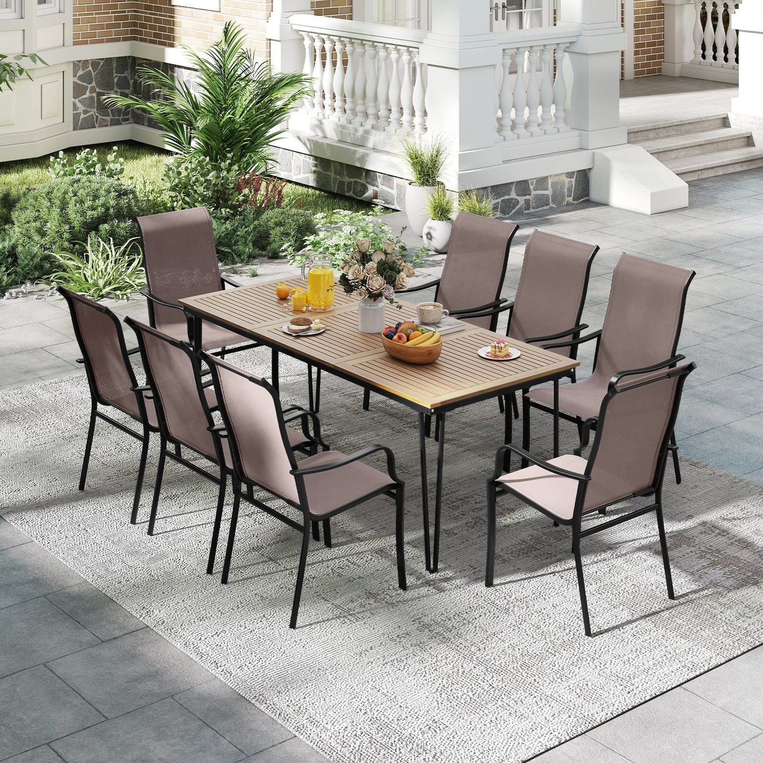 Juego de 2 sillas de comedor para patio con asiento ancho y estructura de metal resistente - Marrón