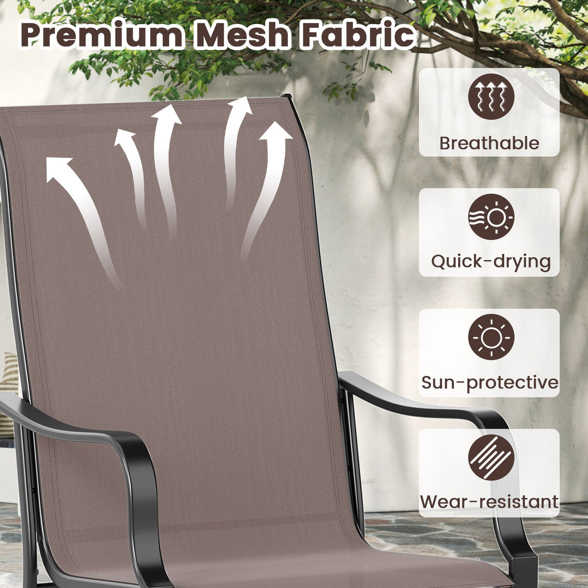 Juego de 2 sillas de comedor para patio con asiento ancho y estructura de metal resistente - Marrón